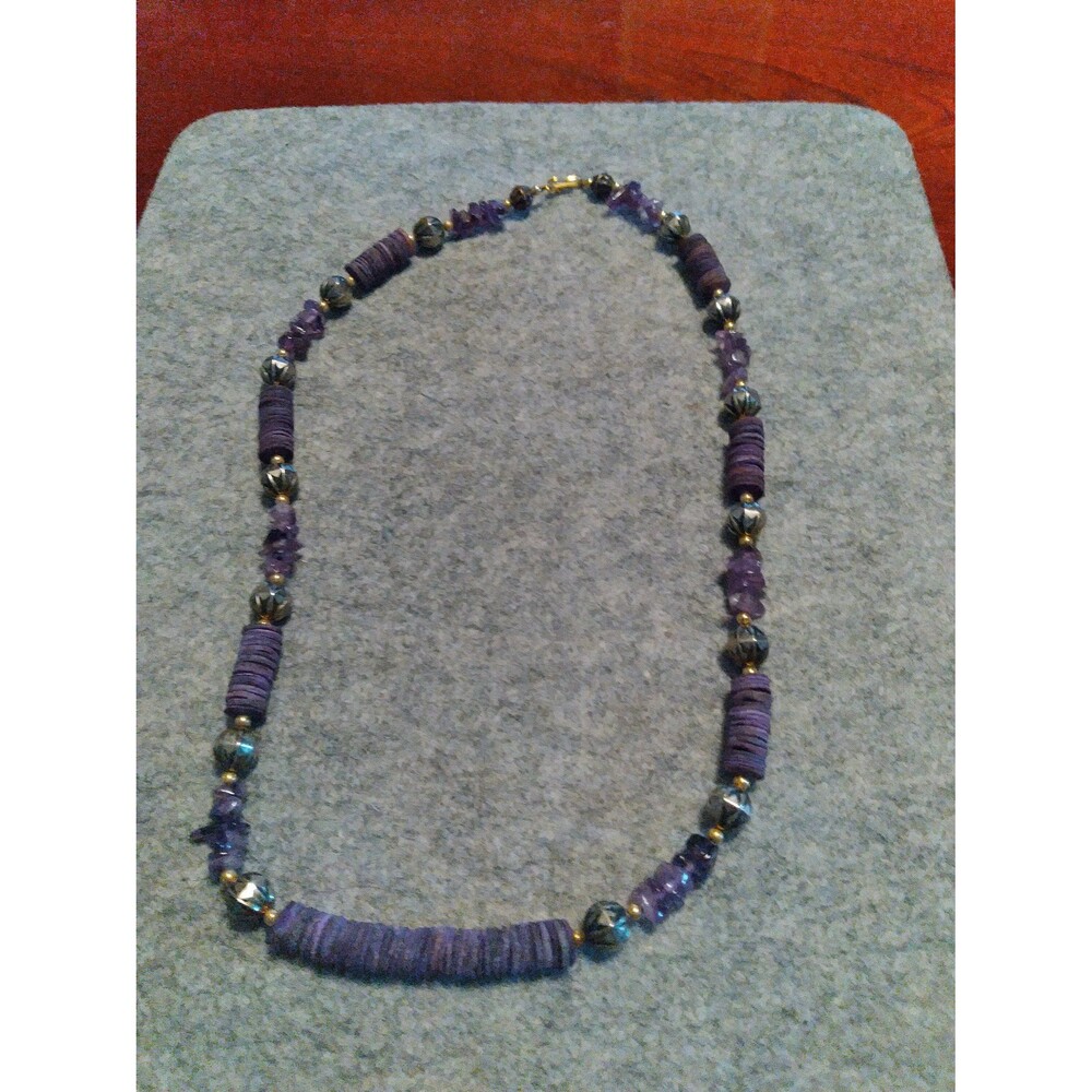 Boho Purple Disc‎ Bead Necklace Amethyst Chips & Silver Accents